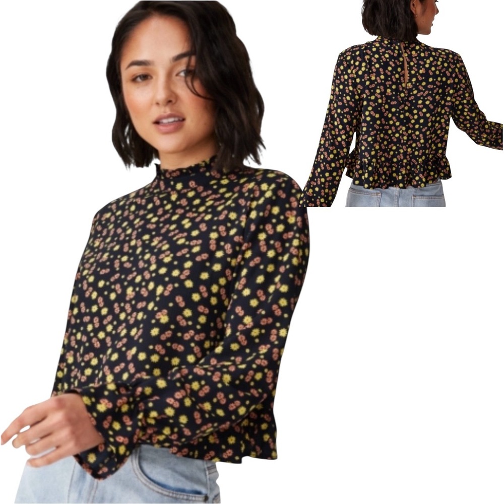 Cotton On Bree‎ Frill Audrey Ditsy Floral Dark Sapphire Long Sleeve Blouse M 568